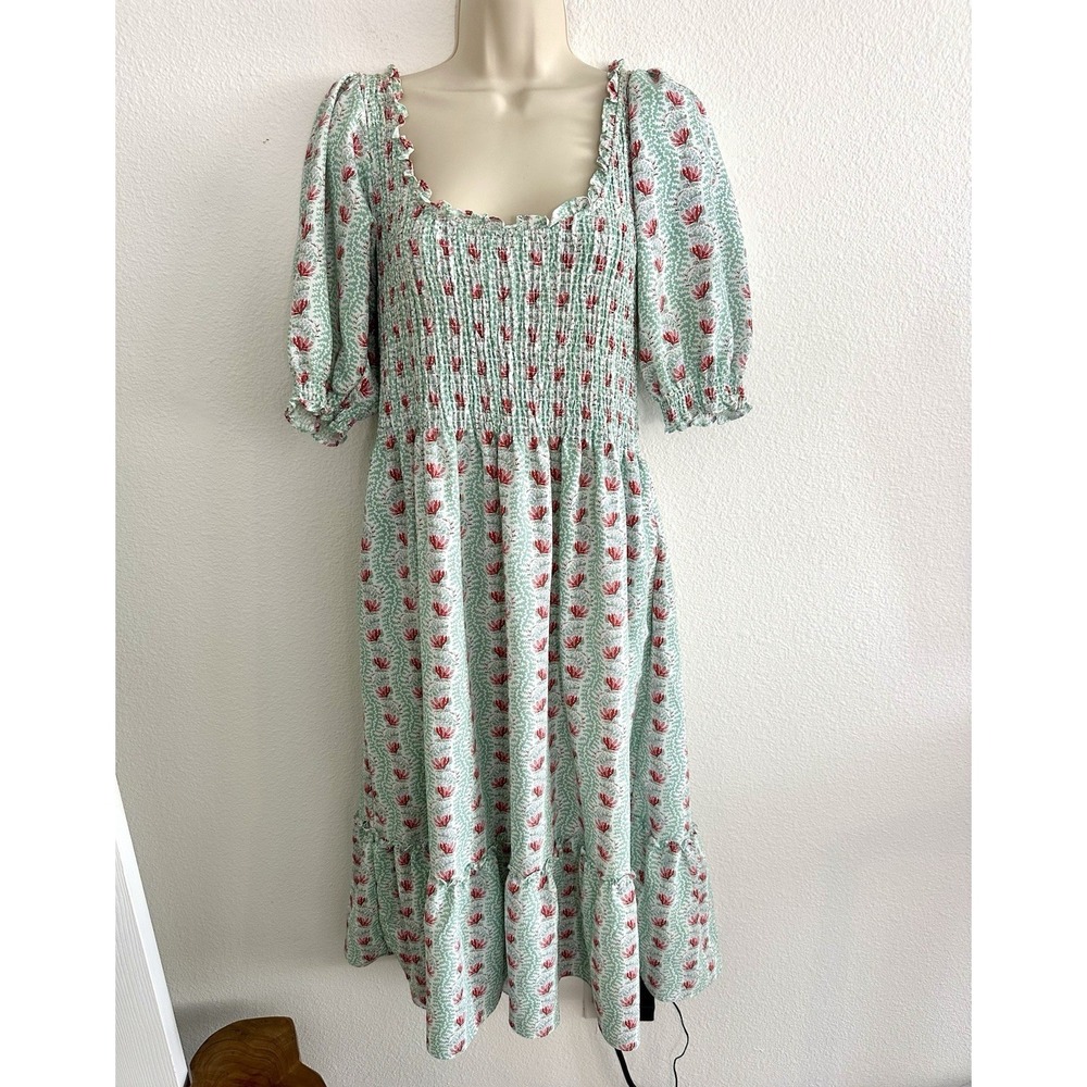 Hill House Louisa Nap Dress NWT Sz L Trailing Vine Crepe Midi Smock Puff Sleeve